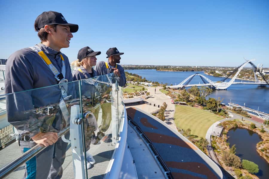 Optus Stadium HALO Rooftop Experience - Getting into the harness and heading above the seats